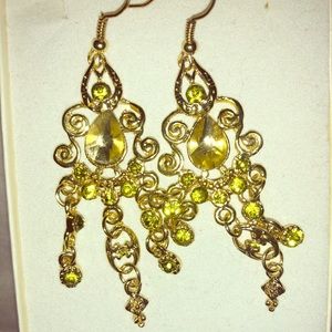 Chandelier style green & gold earrings